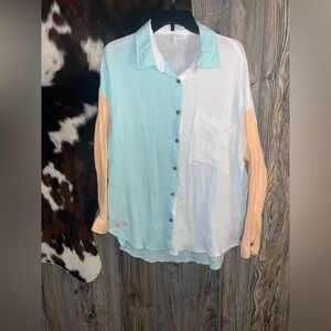 Simply southern size M/L orange, blue and white gauze style button up top